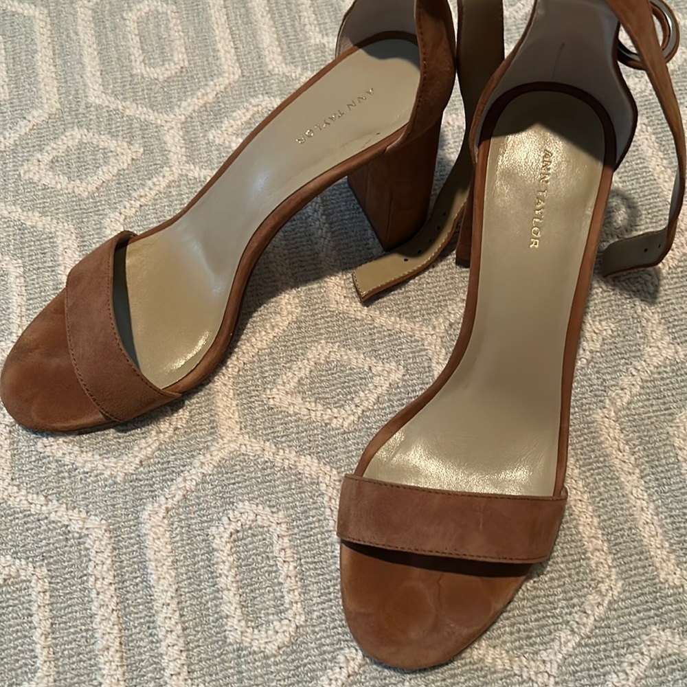 Ann Taylor Camel suede sandals with ankle strap